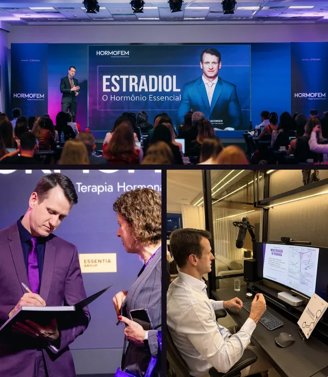 Palco lotado de uma edição, Dr. Leonardo assinando livros e gravando aula no estúdio